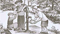 Drawing of kids using a hand pump to get groundwater. 